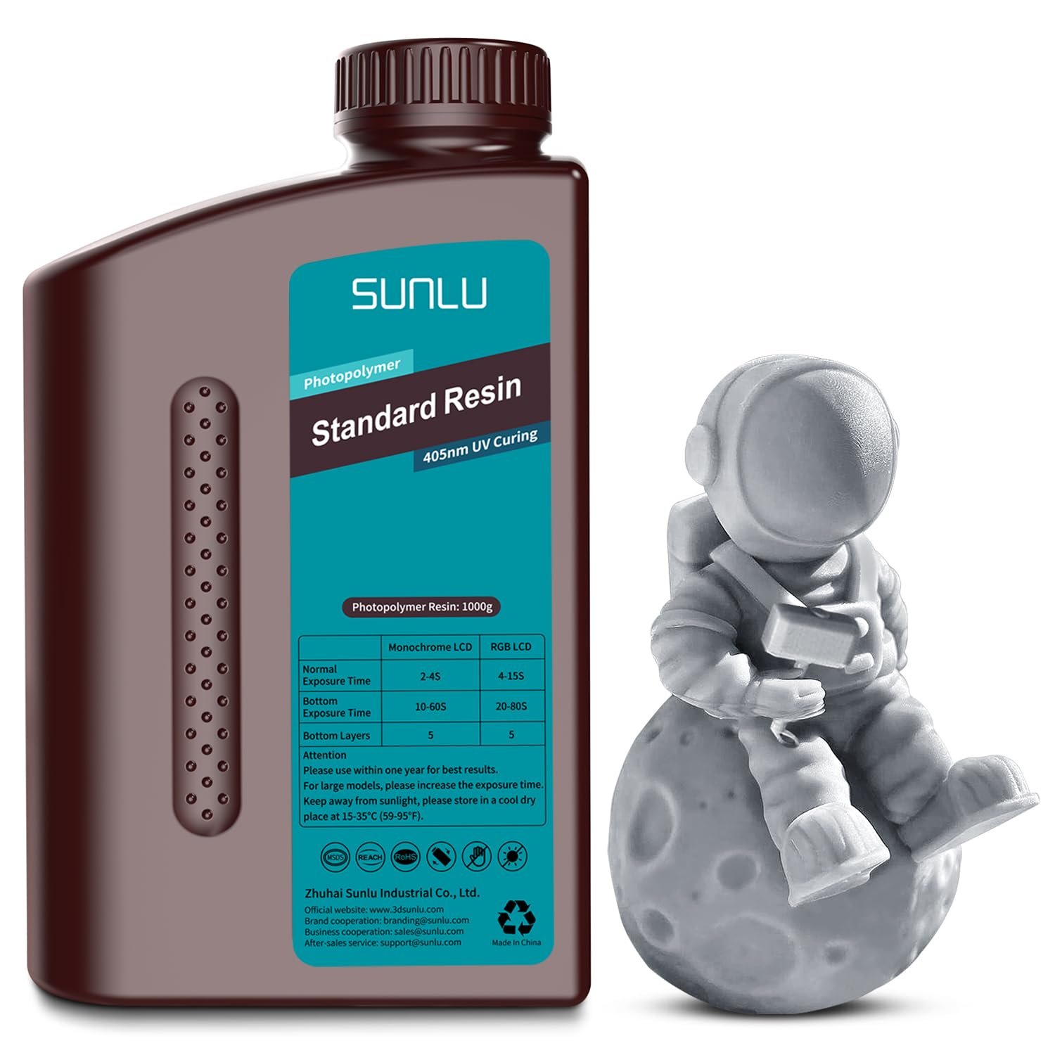 SUNLU 3D Printer Resin, 1kg Fast Curing Standard 3D Resin for LCD DLP SLA Resin 3D Printers, 395-405nm UV Light Curing 3D Printing Liquid Photopolymer Resin, Low Shrinkage, High Precision, 1000g, Grey