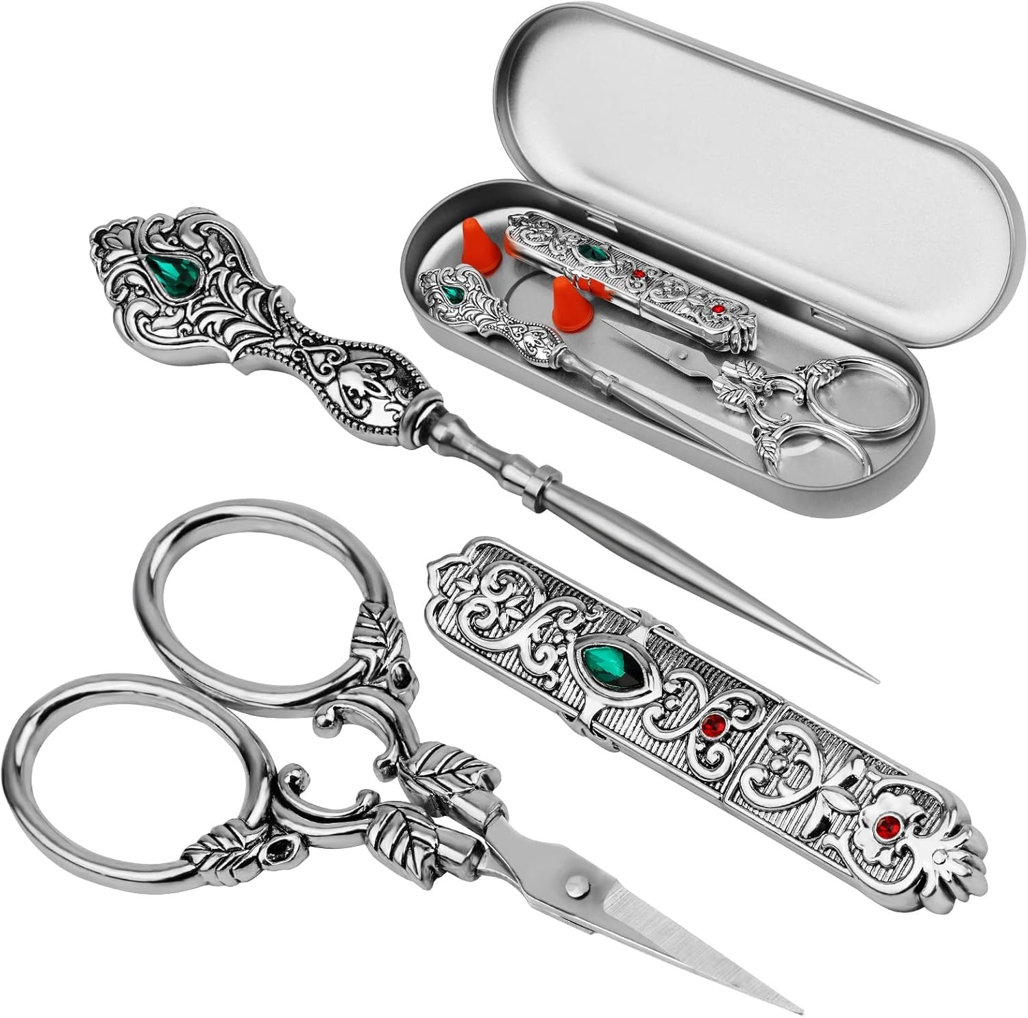 kdafio Embroidery Scissors Kits, Vintage Scissors European Style Sewing Tools with Embroidery Scissors, Sewing Awl, Sewing Needle Case, Complete Sewing Kits for Embroidery and Craft Art Work (Silver)