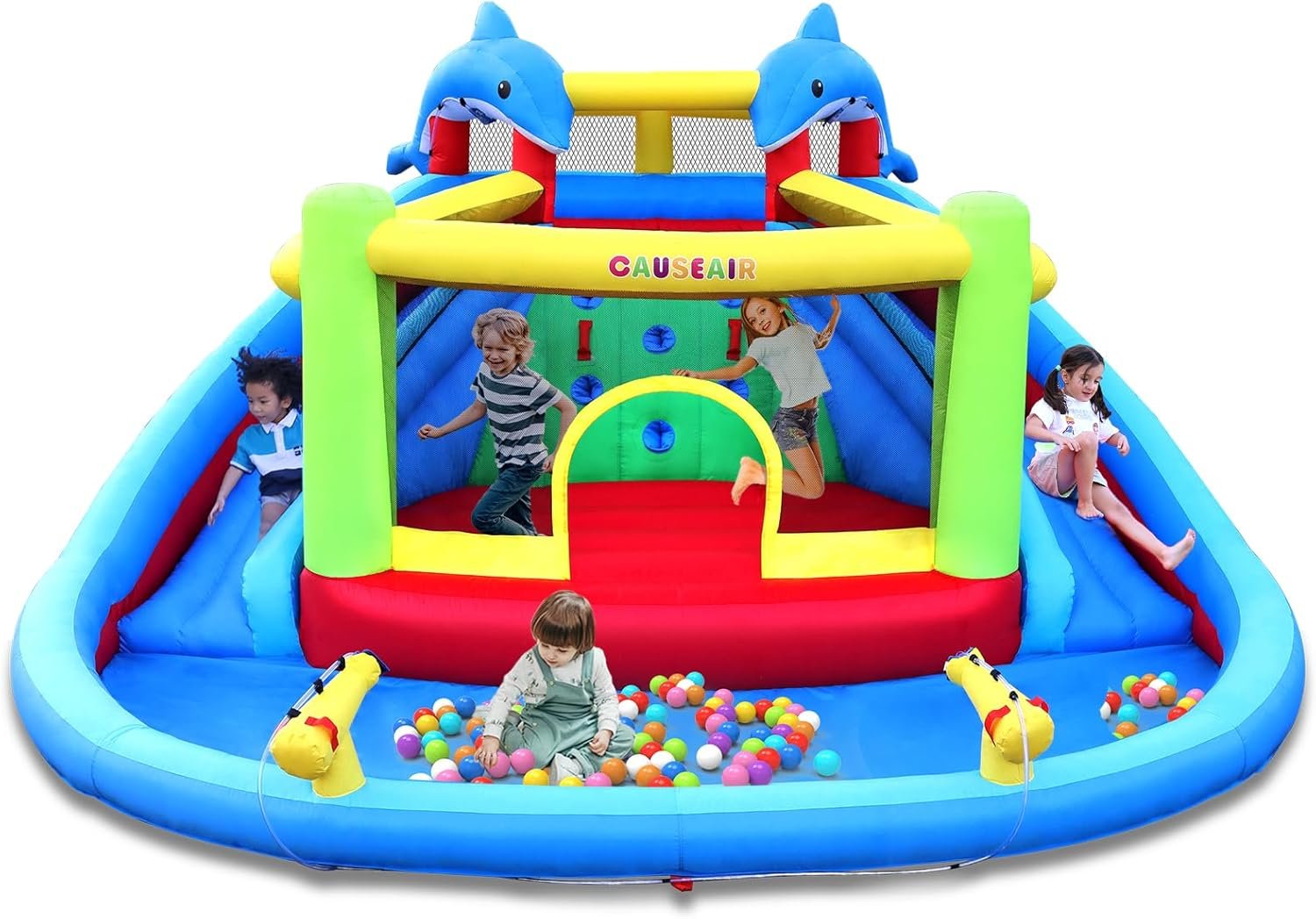 Inflatable Bounce House with Slide,Dolphin Styling,Splashing Pool,Double Water Cannon,Climbing Wall,Heavy Duty GFCI Blower,Inflatable Water Park Slide for Kids Backyard Summer