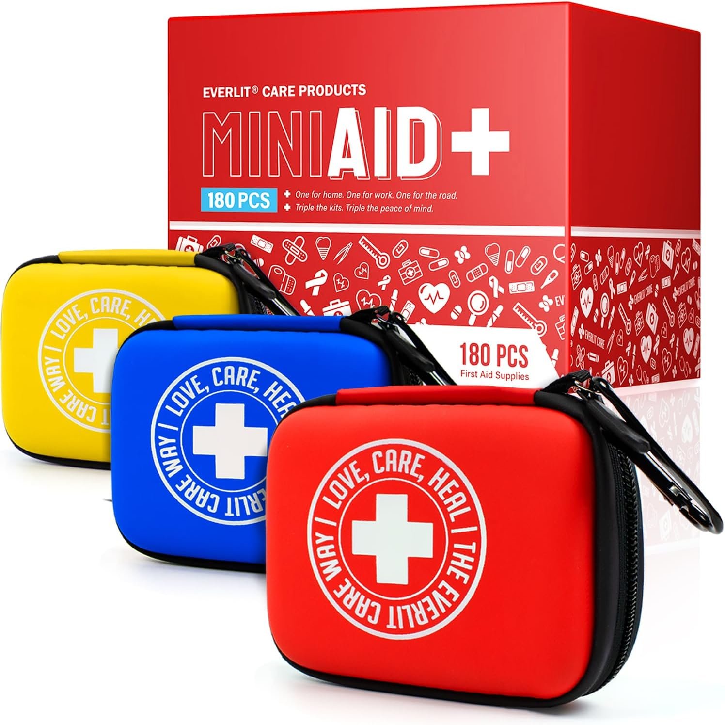 Mini-Aid Kits | Portable, Lightweight, Water-Resistant Case with Travel-Friendly Carabiners | Bulk 180 Pcs First Aid Items for School, Work, Outdoor, Camping, Home & Office | Pack of 3