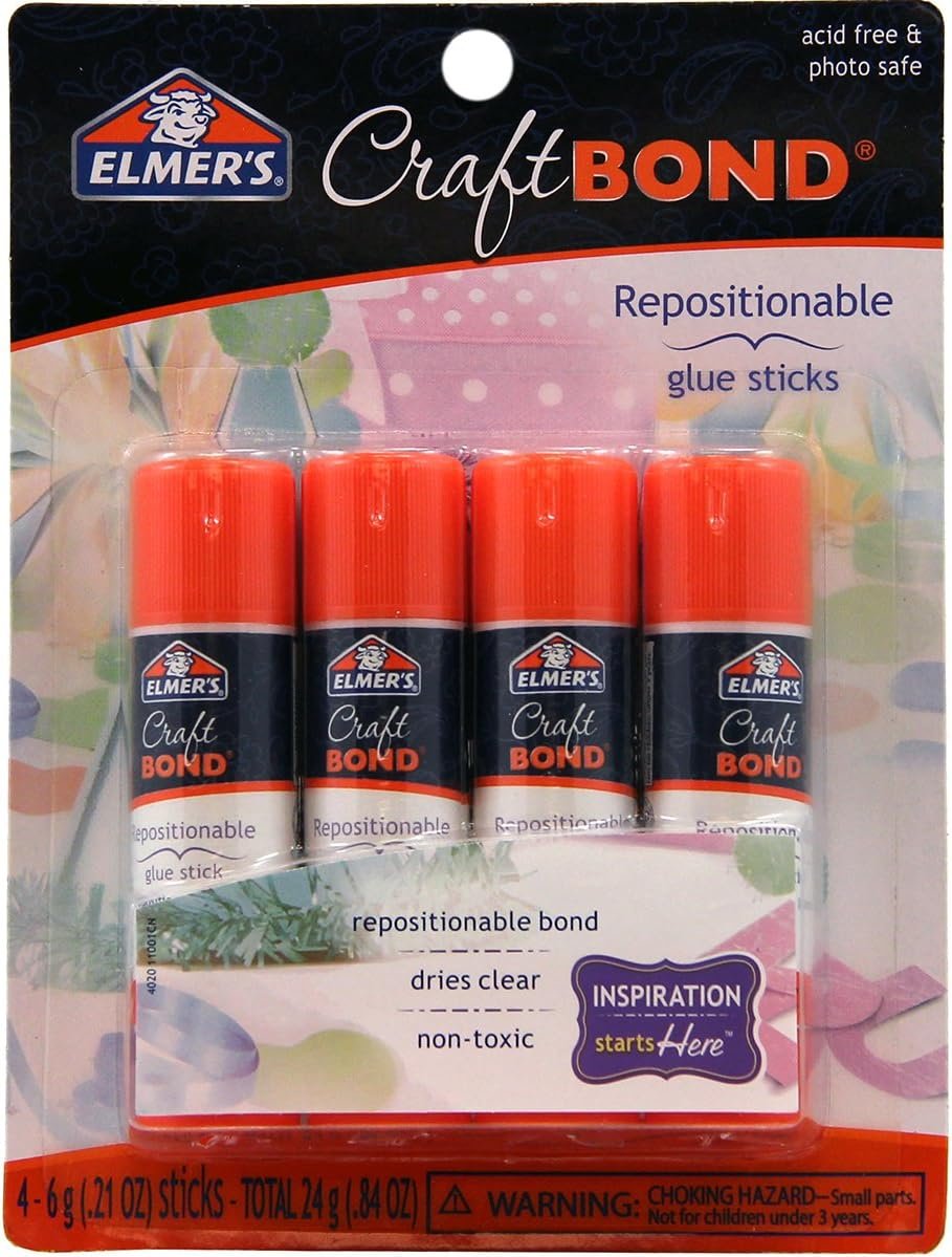 ELMER'S E4020 CraftBond Repositionable Glue Sticks, 4 Sticks per Pack, 6 Grams per Stick, Clear