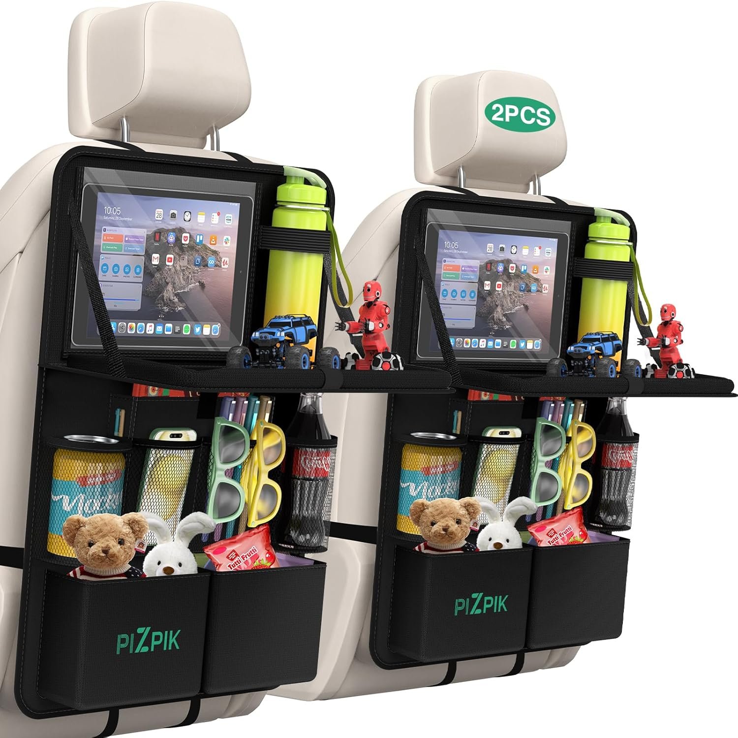 812WMU-MwL._AC_SL1500_.jpg Car Backseat Organizer with Tablet Holder,11 Storage Pockets with Foldable Food Tray, Protector Kick Mats for Kids, Travel Accessories Organizer (Black, 2Pack with Food Tray) - Image 1