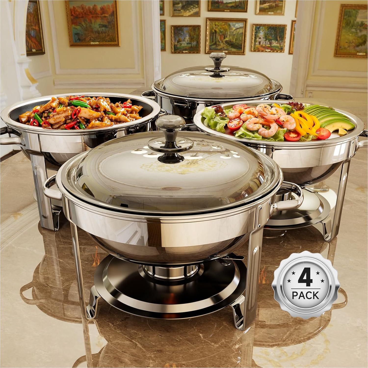 Chafing Dishes for Buffet, 4 Pack 5QT Round Stainless Steel Chafing Dish Set for Home Parties, Christmas Gatherings, Catering Events Complete Buffet Warmer Set (Silver 4)
