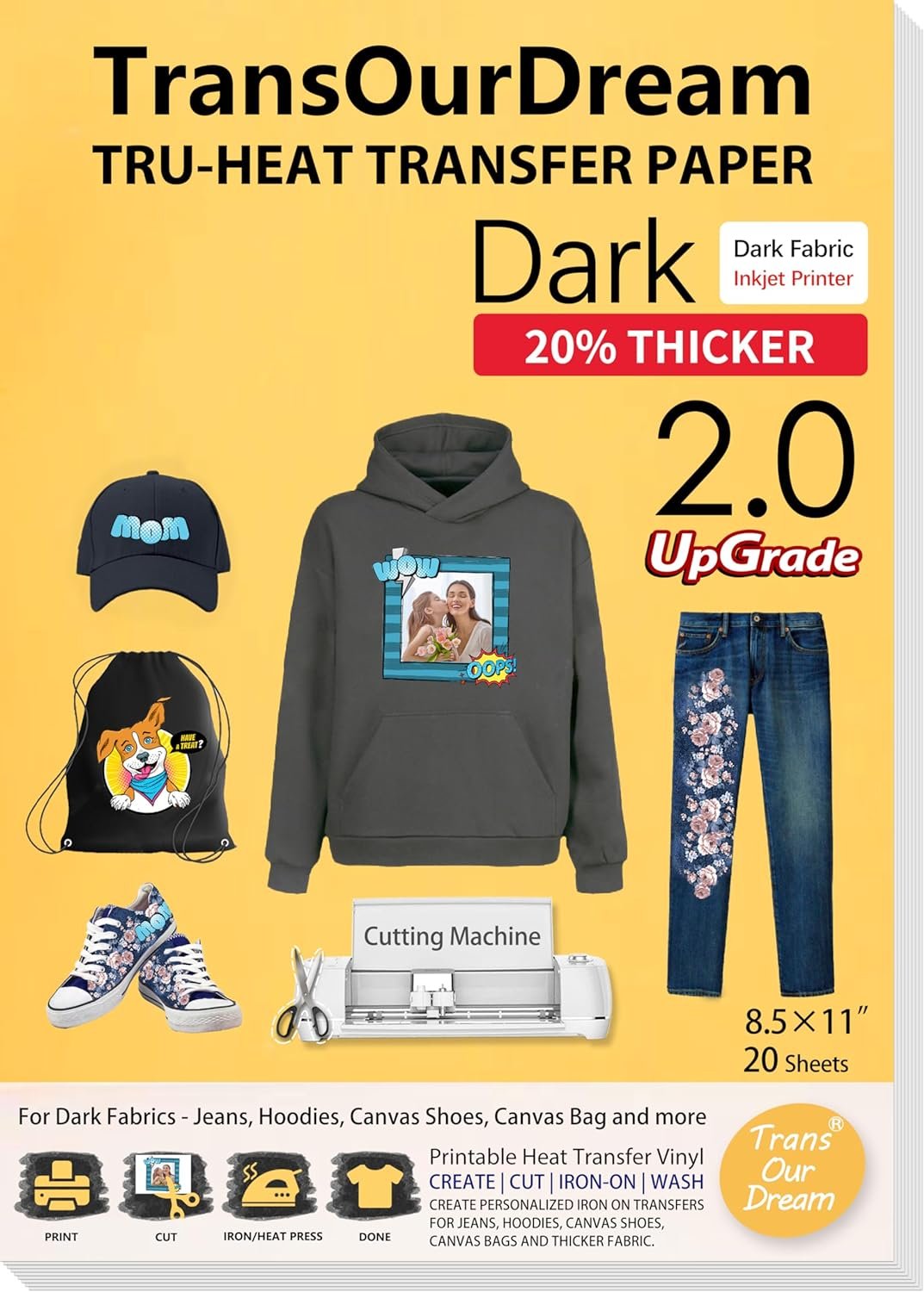 TransOurDream Iron on Heat Transfer Paper for Dark T Shirts & Fabrics (20 Sheets 8.5x11, Dark 2.0) Printable HTV Heat Transfer Vinyl for Inkjet Printer Iron on Transfers for T Shirts (TRANS-D2-7-20)