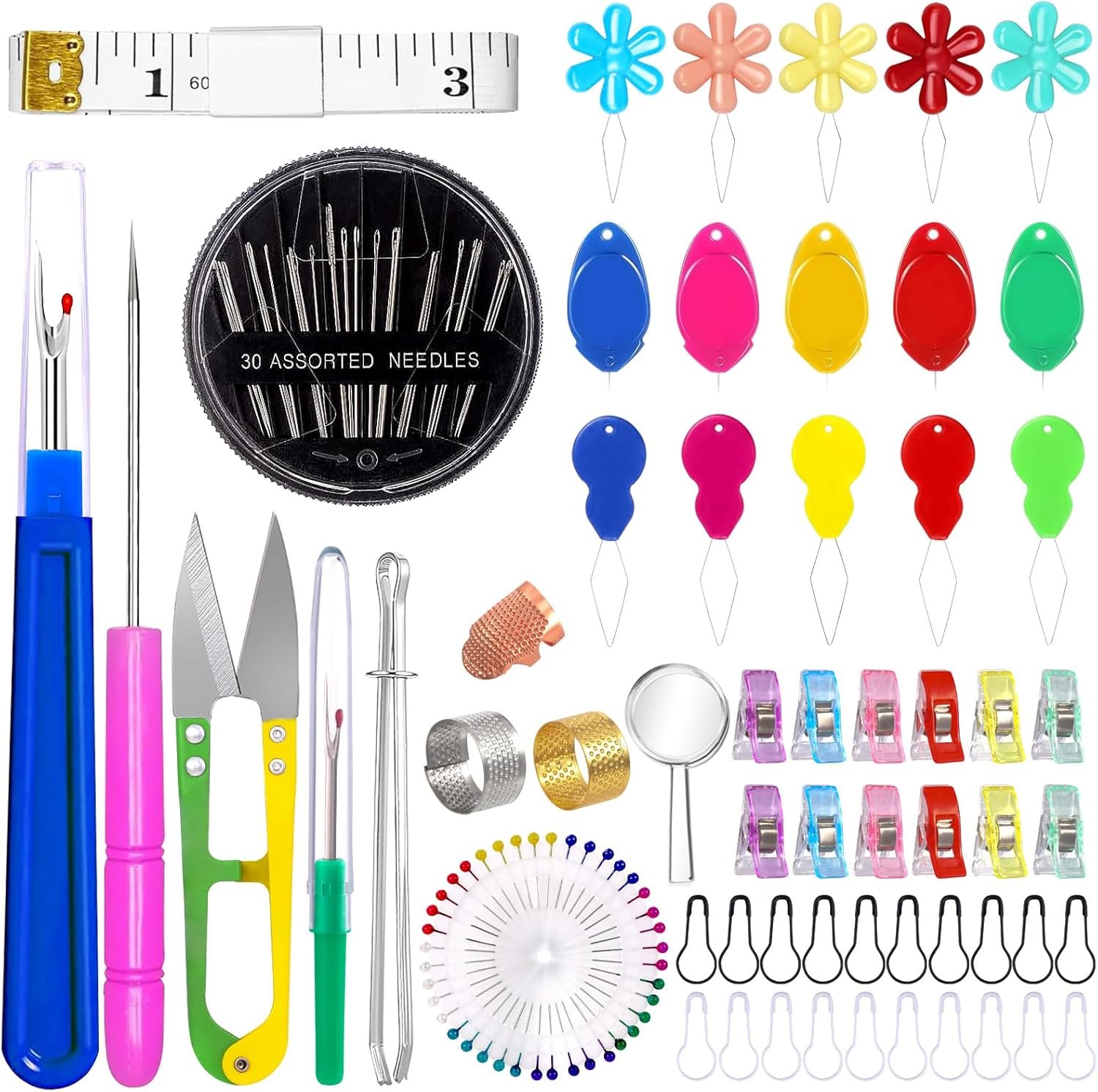 Vellibring Needle Threaders Kit with Needle Threader Hand Sewing Set Including Assorted Needles Thread Ripper Snips Thimbles Tape Measure Tailor's Awl Magnifying Glass Clips for Beginners Experts