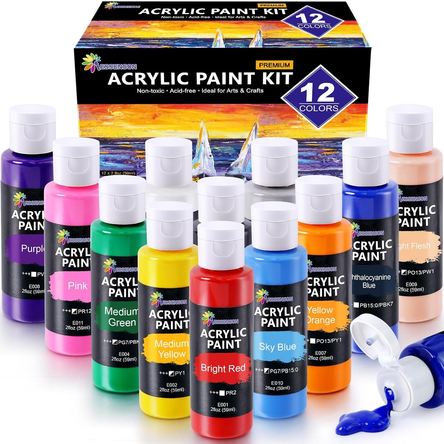 ESSENSON Acrylic Paint, 12 Colors Acrylic Paint Set, 2oz/59ml Bottles, Premium Paints for Artists, Kids, Beginners and Adults on Canvas Rocks Wood Ceramic Fabric