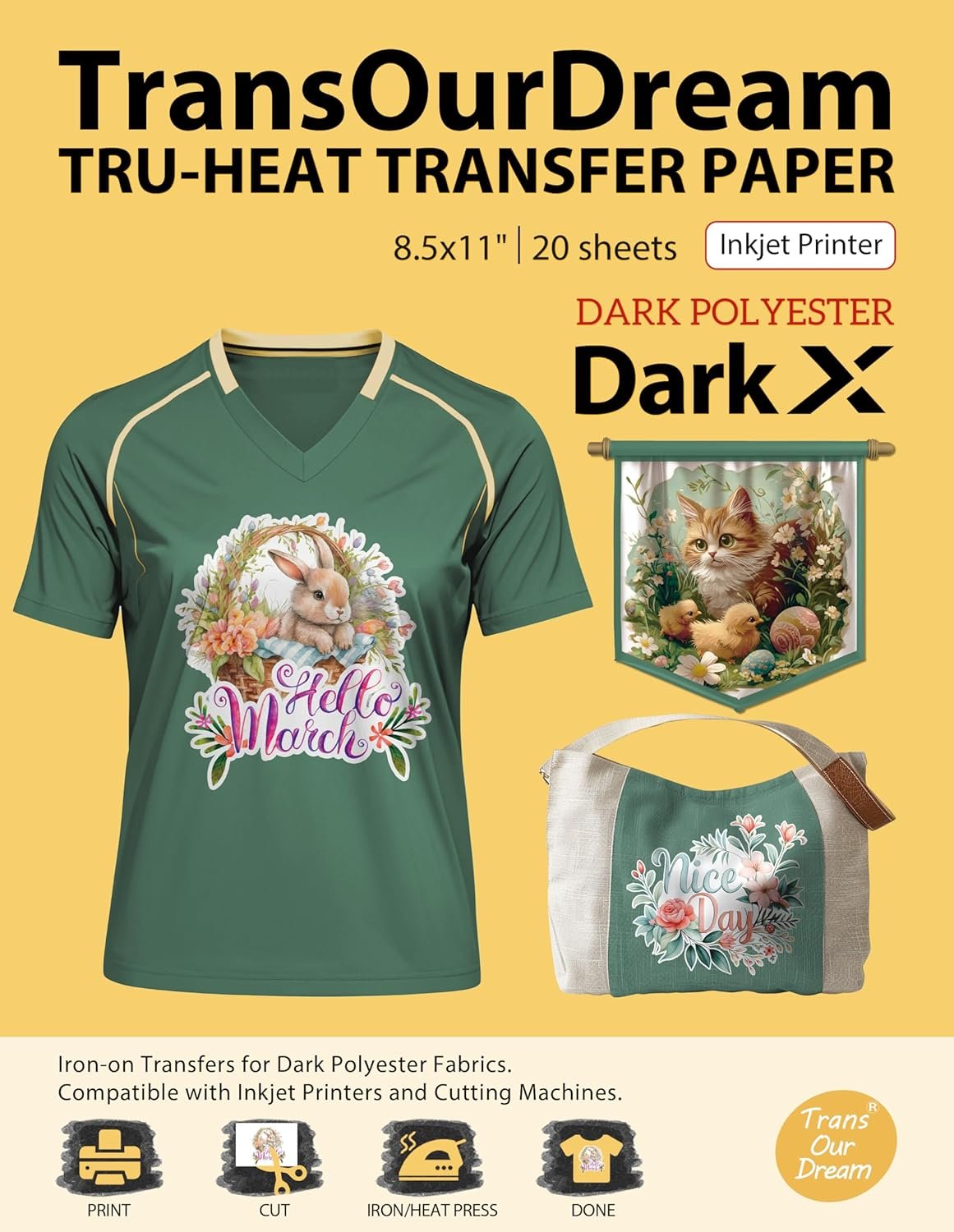 TransOurDream Tru-Heat Transfer Paper for Dark Polyester Fabrics (Dark X, 8.5"x11", 20 Sheets) Printable Iron on Heat Transfer Vinyl for Inkjet Printer