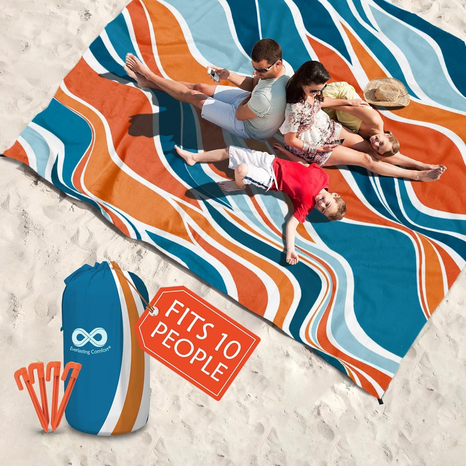 Everlasting Comfort Extra Large Outdoor Picnic Blanket Waterproof 128” x 108” /10.7ft x 9ft – Foldable Mat for Picnics, Camping, Beach, Grass Park – Sandproof Travel Blankets & Essentials, Orange