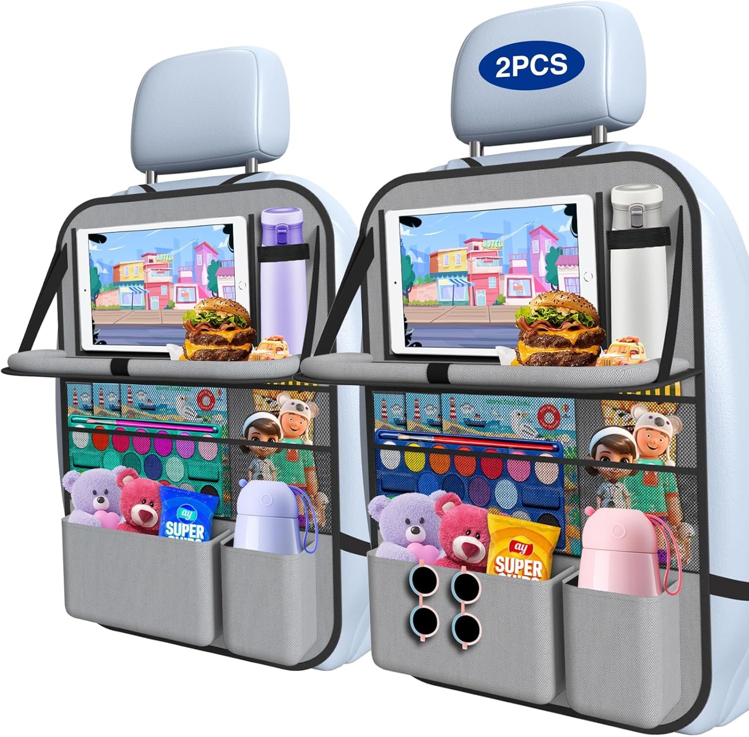 81uGKMrytPL._AC_SL1500_.jpg 2PACK-Car Backseat Organizer with Touch Screen Tablet Holder,9 Storage Pockets Storage Organizer with Foldable Food Tray, Protector Kick Mats for Kids, Travel Accessories Organizer (Grey) - Image 1